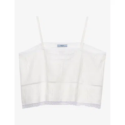 Prada Womens  Embroidered Triangle-logo Linen Top In White