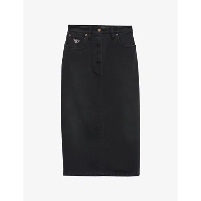 PRADA WOMENS BLACK ENAMELLED-LOGO STRAIGHT-FIT DENIM MIDI SKIRT