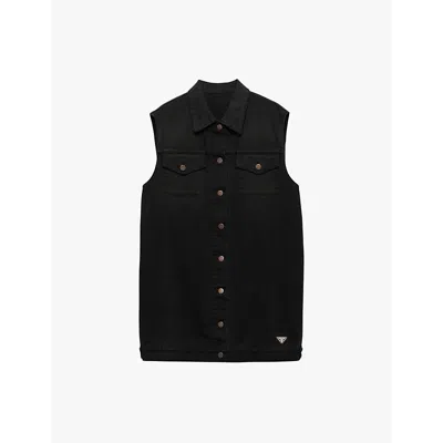 PRADA WOMENS BLACK FLAP-POCKET WASHED DENIM MINI DRESS