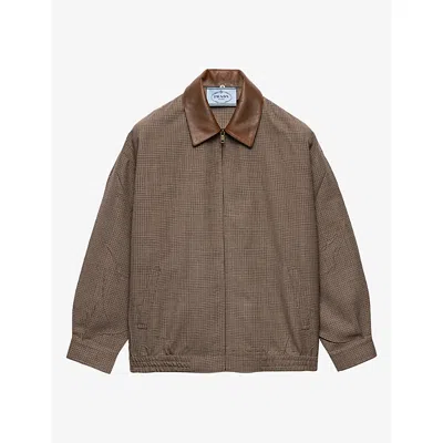 Prada Womens  Houndstooth Relaxed-fit Wool Jacket In Brown