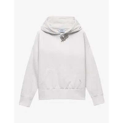 Prada Womens  Jewel Brooch Cotton-jersey Hoody In Grey