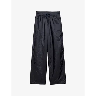 Prada Enamel-triangle Padded Straight Trousers In Blue