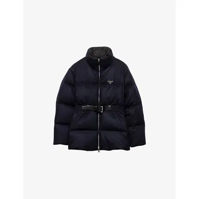 Prada Womens Blue Loden Belted Shell-down Puffer Jacket