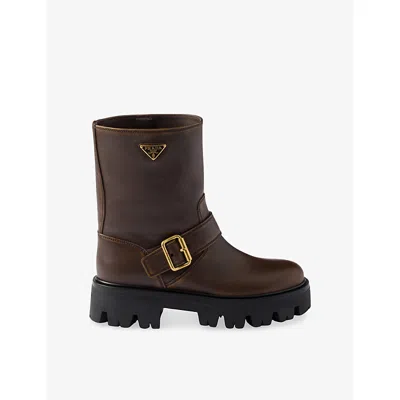 PRADA WOMENS BROWN LOGO-EMBELLISHED LEATHER BOOTS EUR 37 / 4 UK