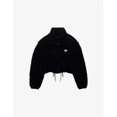Prada Womens Blue Logo-embellished Velvet Down Jacket In Black