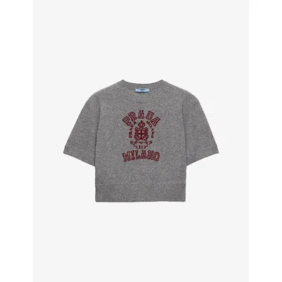 Prada Womens Grey Logo-intarsia Short-sleeve Cropped Wool And Cashmere Knitted Jumper