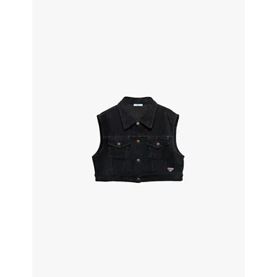 PRADA WOMENS BLACK LOGO-PLAQUE CROPPED COTTON-CORDUROY WAISTCOAT