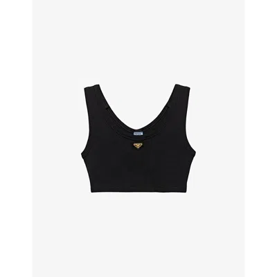 PRADA WOMENS BLACK LOGO-PLAQUE CROPPED COTTON-JERSEY TANK TOP