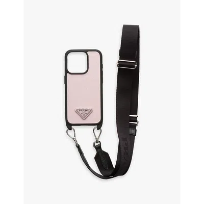 Prada Womens Pink Logo-plaque Leather Iphone 15 Cas In Pink