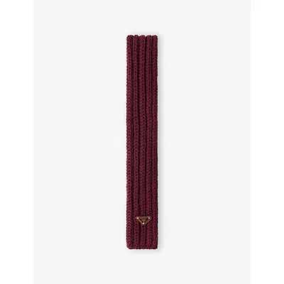 Prada Womens Burgundy Logo-plaque Wool Scarf