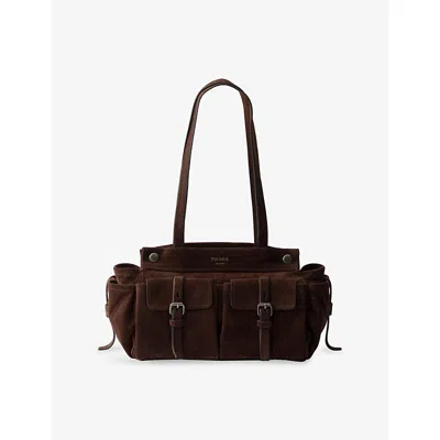 Prada Womens  Logo-embellished Medium Suede Tote Bag In Brown