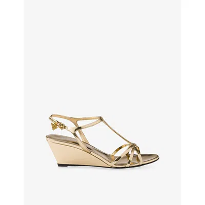 Prada Womens Gold/silver Logo-engraved Metallic Leather Heeled Sandals Eur 36.5 / 3.5 Uk In Brown