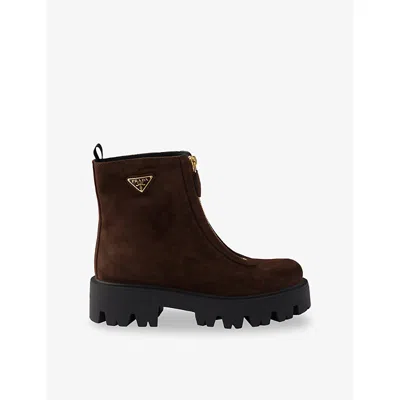 Prada Womens  Logo-plaque Suede Ankle Boots In Brown