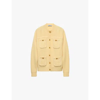 PRADA WOMENS YELLOW PATCH-POCKET OVERSIZED-FIT CASHMERE CARDIGAN