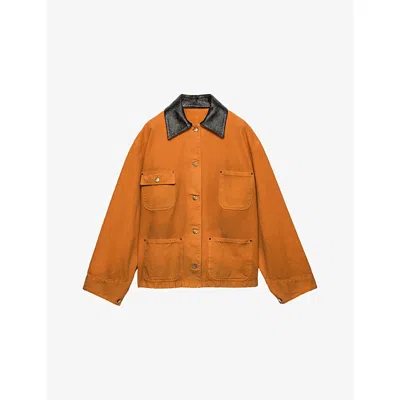Prada Womens Orange Patch-pocket Leather-collar Cotton-canvas Jacket