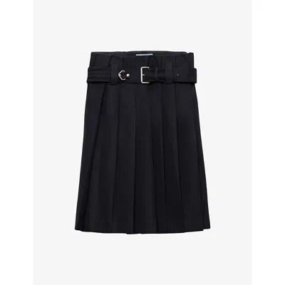 Prada Womens Blue Pleated Belted Garbadine-wool Knee-length Skirt