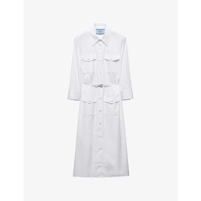 PRADA WOMENS PRADA POCKET-FRONT TRIANGLE-PLAQUE COTTON-POPLIN MIDI DRESS