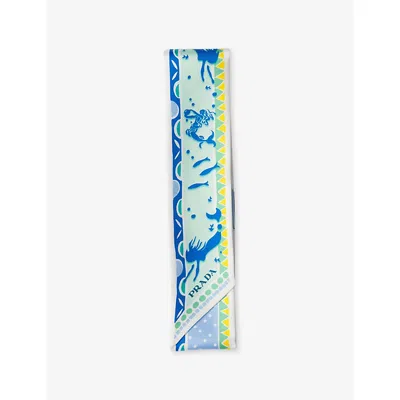 Prada Womens  Printed Silk Twill Skinny Scarf In Light Blue