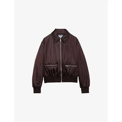 PRADA WOMENS BROWN RE-NYLON POINTED-COLLAR BLOUSON JACKET
