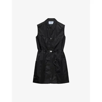 Prada Womens  Re-nylon Belted Woven Mini Dress In Black