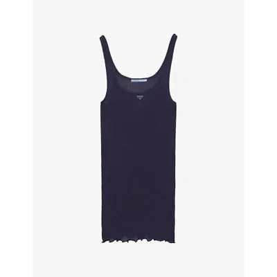Prada Womens  Ribbed Knit Silk Tank Top In Blue