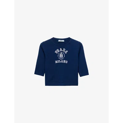 PRADA WOMENS BLUE ROUND-NECK BRAND-INTARSIA CASHMERE TOP