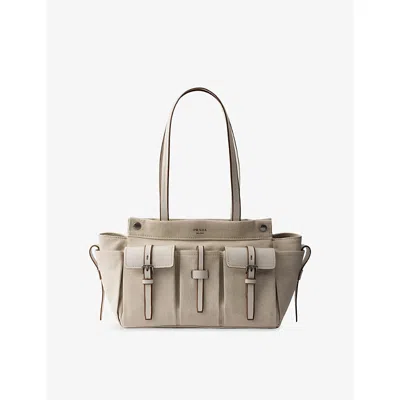 Prada Womens  Route Large Canvas And Leather Tote Bag In Neutral