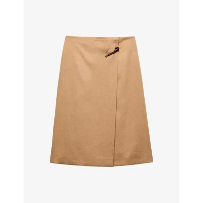 PRADA WOMENS BROWN SAFETY-PIN SPLIT-HEM WOOL MIDI SKIRT