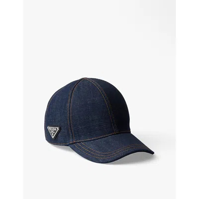 Prada Womens Blue Selvedge Logo-plaque Denim Baseball Cap Xxl