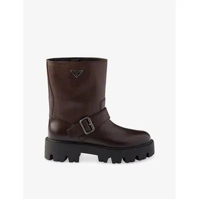 Prada Womens  Stride Leather Mid-calf Boots In Brown