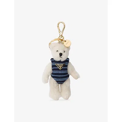 Prada Womens White Teddy Bear Triangle-logo Soft Keyring Charm