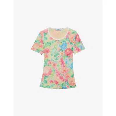 PRADA WOMENS GREEN TRIANGLE-APPLIQUÉ PRINTED RIBBED COTTON-JERSEY T-SHIRT