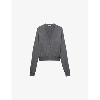 PRADA WOMENS GREY TRIANGLE-APPLIQUÉ V-NECK WOOL KNITTED CARDIGAN