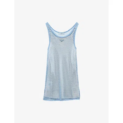 Prada Womens Light Blue Triangle-logo Cotton Mesh Mini Dress