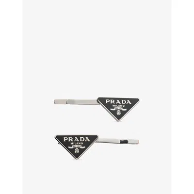 Prada Womens  Triangle Logo Metal Hair Clips In Black
