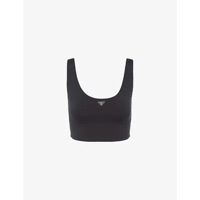 Prada Womens Black Triangle-logo Scoop-neck Cropped Stretch-jersey Top