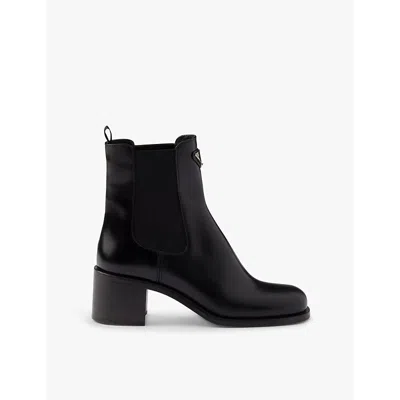 PRADA WOMENS BLACK TRIANGLE-PLAQUE BRUSHED LEATHER HEELED BOOTS EUR 37.5 / 4.5 UK