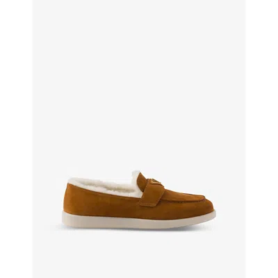 Prada St Tropez Suede Shearling Loafers In Cognac
