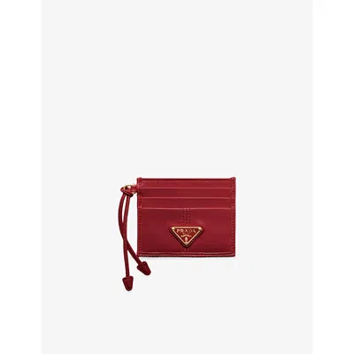 Prada Womens Red Triangle-logo Leather Card Holder In Burgundy
