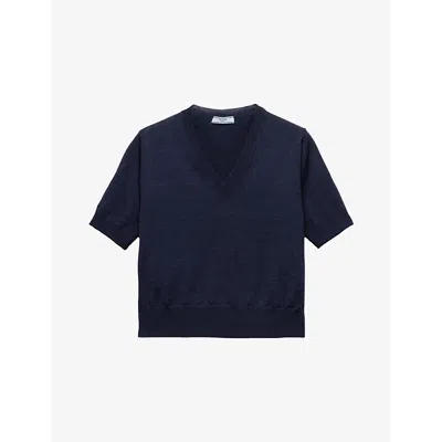 Prada Womens Blue V-neck Short-sleeve Knitted Wool Jumper