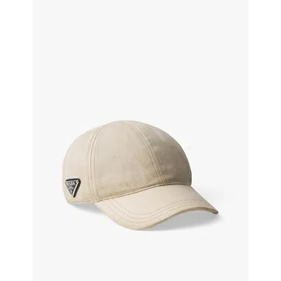 Prada Womens Neutral Worn Bull Logo-plaque Denim Baseball Cap