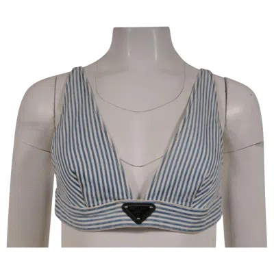 Pre-owned Prada Womens Striped Denim Top Bralette Bra Size M Logo Plaque White Blue