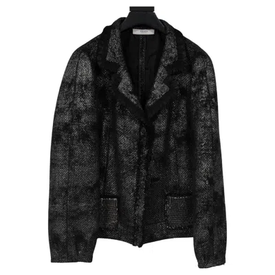Pre-owned Prada Womens Vintage Blazer Size 46 Black Silver Grey Wool Tweed Jacket Coat In Gray