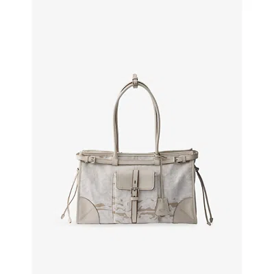 Prada Womens White Bonnie Large Printed Leather And Linen Top-handle Bag In Gray