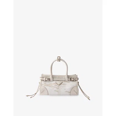 Prada Womens White Bonnie Small Printed Linen And Leather Shoulder Bag