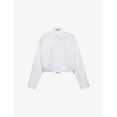PRADA WOMENS WHITE DRAWSTRING-HEM LONG-SLEEVE COTTON-POPLIN SHIRT