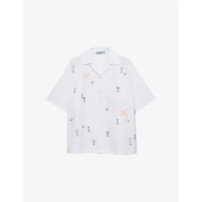 Prada Womens White Embroidered Short-sleeve Cotton Poplin Shirt