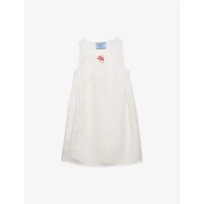 Prada Womens White Embroidered Slubbed Canvas Mini Dress