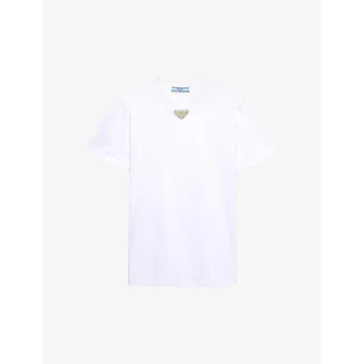 PRADA WOMENS WHITE EMBROIDERED-TRIANGLE SHORT-SLEEVE COTTON-JERSEY T-SHIRT