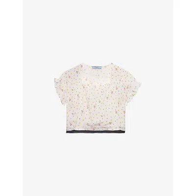 Prada Womens White Floral-print Cropped Silk-blend Top
